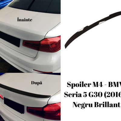 Colaj ilustrativ cu montajul spoilerului M4 pe un BMW Seria 5 G30 (alb). Arată impactul vizual adus de accesoriul sportiv aftermarket din ABS lucios.