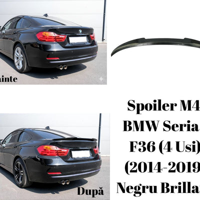 BMW Seria 4 F36 Gran Coupé 2014–2019 prezentare vizuală portbagaj înainte și după instalarea spoilerului M4 Look negru brillant ABS.