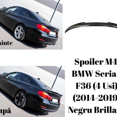 BMW Seria 4 F36 Gran Coupé 2014–2019, vedere laterală comparativă înainte și după montaj spoiler M4 Look negru brillant, piesă auto aftermarket.