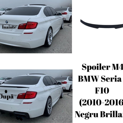 Colaj comparativ înainte și după montaj al spoilerului M4 Look pe un BMW Seria 5 F10 sedan (2010-2016), piesă aftermarket negru brillant.
