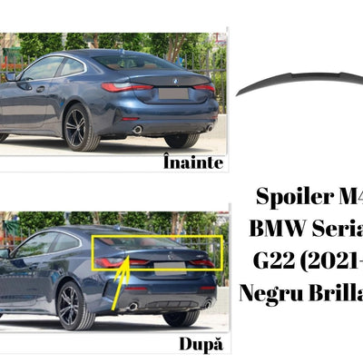 Imagine comparativă înainte și după montaj spoiler M4 Look pe BMW Seria 4 G22 Coupe (2021+), culoare albastru, evidențiere vizuală a upgrade-ului estetic.