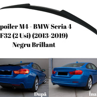 Spoiler sport negru lucios inspirat din designul M4, compatibil cu BMW Seria 4 F32 Coupe (2 uși, 2013–2019). Vedere frontală completă a produsului aftermarket din plastic ABS de calitate superioară.