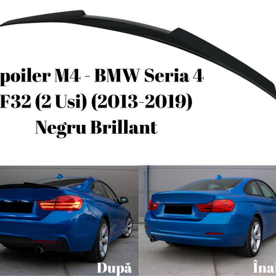 Imagine comparativă pentru BMW Seria 4 F32 Coupe albastru, cu și fără spoiler M4 negru lucios. Evidențiază diferența estetică a unui upgrade aftermarket de calitate.