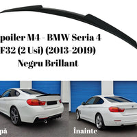 Spoiler sport negru lucios inspirat din designul M4, compatibil cu BMW Seria 4 F32 Coupe (2 uși, 2013–2019). Vedere frontală completă a produsului aftermarket din plastic ABS de calitate superioară.