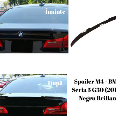 Colaj comparativ al portbagajului BMW Seria 5 G30 înainte și după montarea spoilerului M4 negru. Vizual evidențiat impactul estetic modern și agresiv.