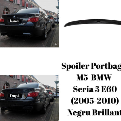 BMW Seria 5 E60 Sedan negru, vedere spate comparativă cu spoiler portbagaj M5 Look montat, design sportiv și agresiv, piesă aftermarket.