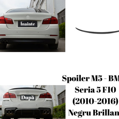 Spoiler portbagaj M5 Look negru brillant compatibil BMW Seria 5 F10 (2010-2016), vedere din profil pentru evidențierea formei curbate.