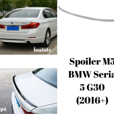 BMW Seria 5 G30 alb, vedere din spate cu spoiler M5 montat pe portbagaj. Spoilerul este de culoare negru lucios, instalat aftermarket pentru un look sportiv.