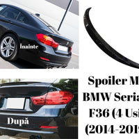 Spoiler MP Look pentru BMW Seria 4 F36 Gran Coupé 4 uși, compatibil 2014–2019, piesă auto aftermarket ABS, finisaj negru brillant, vedere laterală.