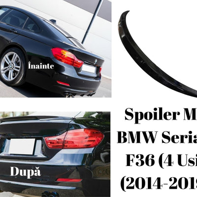 BMW Seria 4 F36 Gran Coupé 2014–2019, prezentare vizuală înainte și după montaj spoiler MP Look negru brillant, piesă auto aftermarket ABS.