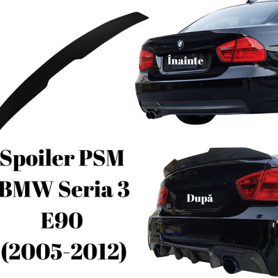 Comparație înainte și după montaj spoiler PSM Look pe portbagaj BMW Seria 3 E90 Sedan 2005–2012, piesă neagră ABS aftermarket.