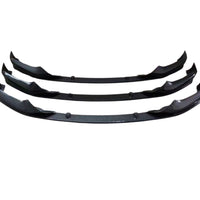 Splitter bară față BMW Seria 5 G30 (2017–2020), 3 piese, model sport M-Tech, finisaj lucios negru și carbon, vedere frontală pe fundal alb.