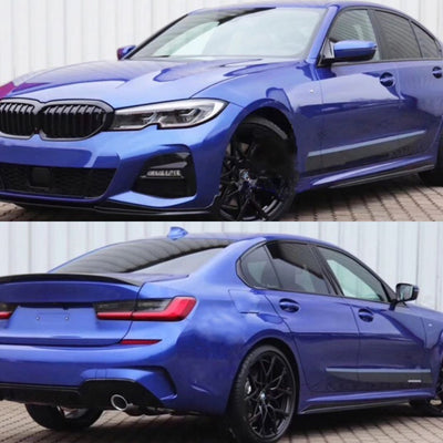 BMW Seria 3 G20 albastru cu spoiler față și praguri laterale montate, tuning estetic complet pentru un look sportiv modern