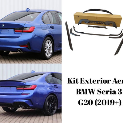 BMW Seria 3 G20 albastru cu spoiler față și praguri laterale montate, tuning estetic complet pentru un look sportiv modern