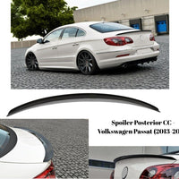 Imagine cu spoiler posterior montat pe Volkswagen Passat CC (2013–2018), vedere laterală. Accesoriu sport aftermarket, finisaj negru lucios, din ABS.