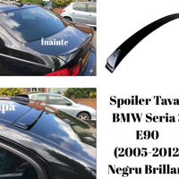 Spoiler auto negru brillant pentru BMW Seria 3 E90 sedan, model 2005–2012, piesă aftermarket din ABS, vedere din lateral pe fundal alb.