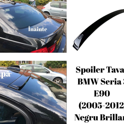 Detaliu montaj spoiler tavan pe BMW Seria 3 E90 sedan, negru brillant, vedere din spate, comparativ înainte și după instalare.