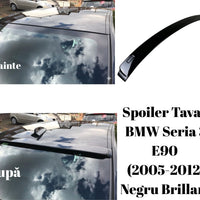 Spoiler auto negru brillant pentru BMW Seria 3 E90 sedan, model 2005–2012, piesă aftermarket din ABS, vedere din lateral pe fundal alb.