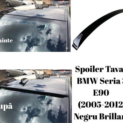 Spoiler negru brillant pentru BMW Seria 3 E90 sedan, prezentare din unghi superior cu vedere detaliată la prinderea pe plafon.
