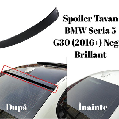 Imagine comparativă BMW Seria 5 G30 Sedan (2016+) înainte și după montaj spoiler tavan negru brillant, piesă aftermarket ABS, stil sportiv.