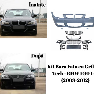 Imagine comparativă BMW E90 LCI negru înainte și după instalarea barei față M-Tech design sportiv aftermarket