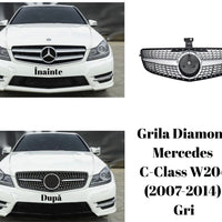 Grilă Diamond gri crom Mercedes C-Class W204 (2007–2014), design sportiv și elegant, material ABS de calitate, vedere frontală completă.