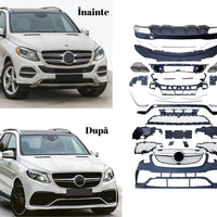 Kit complet exterior AMG pentru Mercedes GLE W166 SUV 2015-2018, upgrade estetic cu bară față, bară spate, difuzor, grile și ornamente evacuare.