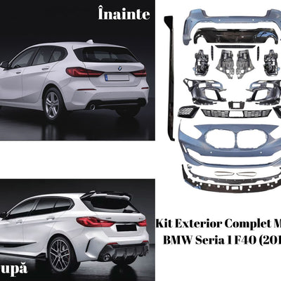 Imagine comparativă a părții din spate a unui BMW Seria 1 F40 (2019+), evidențiind modificările aduse de kitul exterior M135i: bară spate cu difuzor sportiv și design modern.