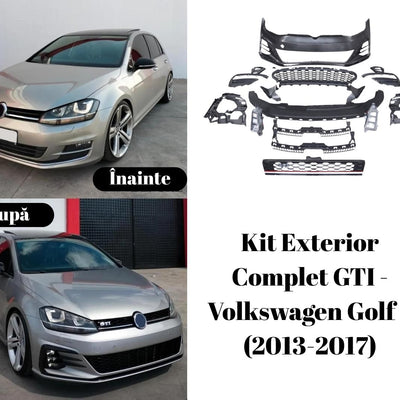 Comparativ înainte și după instalarea kitului exterior GTI pe Volkswagen Golf 7 (2013-2017), cu piese din ABS și design sportiv inspirat de GTI.
