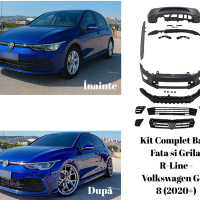 Comparativ înainte și după montaj: Volkswagen Golf 8 (2020+) albastru, vedere frontală, transformare cu kit R-Line complet – bară față sport, grilă nouă, jante sport. Ideal pentru upgrade estetic agresiv.