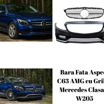 Comparație vizuală înainte și după upgrade bară față Mercedes W205 cu grilă tip C63 AMG, design sportiv modern