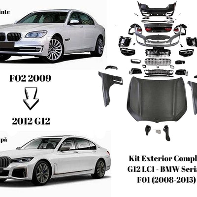 Comparativ vizual înainte/după conversie BMW Seria 7 F01 în G12 LCI cu kit exterior complet: bara față, spate, capotă, aripi și lumini LED