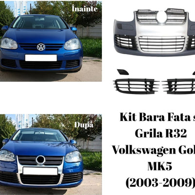 Comparație VW Golf 5 înainte și după montarea kitului de bară față și grilă R32, upgrade vizual agresiv