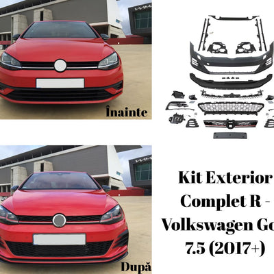 Comparație Volkswagen Golf 7.5 facelift 2017+ înainte și după montaj kit exterior R-Line, vedere frontală, upgrade estetic sportiv, bară față și grilă tuning.