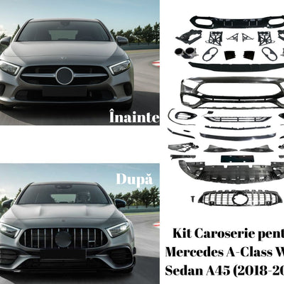 Comparatie înainte și după instalarea kitului caroserie A45 AMG pe fața Mercedes A-Class W177 Sedan