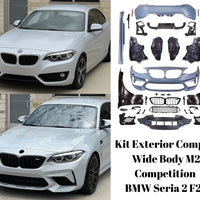 Imagine frontală cu toate componentele kitului exterior Wide Body M2 Competition pentru BMW Seria 2 F22, inclusiv bare, grile, aripi și praguri laterale