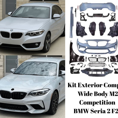 Colaj comparativ cu BMW Seria 2 F22 înainte și după montarea kitului Wide Body M2 Competition, evidențiind schimbarea estetică frontală