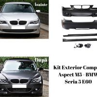 Kit tuning exterior M5 pentru BMW E60, cu bară față/spate, praguri laterale și proiectoare ceață – compatibil 2003–2010.