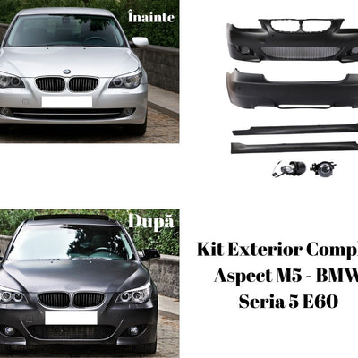 Comparație vizuală înainte și după montaj kit M5 BMW Seria 5 E60 – look sportiv îmbunătățit cu body kit complet.