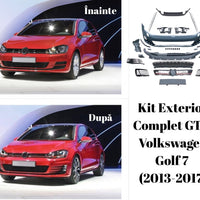 Set complet piese caroserie kit exterior GTI compatibil cu Volkswagen Golf 7 (2013-2017), prezentare din unghi superior, incluzând bare față și spate, grile, spoilere și accesorii din polipropilenă de înaltă calitate.