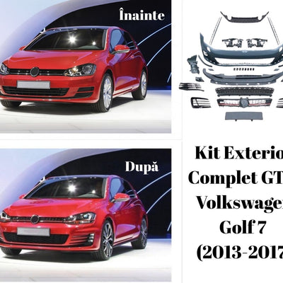 Comparație vizuală între modelul Volkswagen Golf 7 (2013-2017) standard și varianta cu kit exterior complet GTI instalat, evidențiind îmbunătățirea estetică frontală prin bară sport, grilă GTI și accesorii aerodinamice.