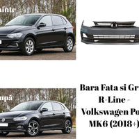 Bară față R-Line neagră pentru VW Polo MK6 2018+, cu grilă integrată, design agresiv și sportiv, produs aftermarket