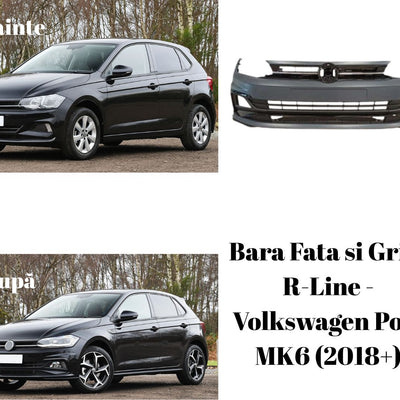 Modificare aspect Volkswagen Polo MK6 negru 2018+, cu bară față R-Line montată – comparație vizuală completă