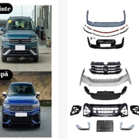 Kit R Design aftermarket pentru Volkswagen Tiguan, vedere de sus cu toate componentele frontale și posterioare incluse: bare, grile, difuzor, ornamente.