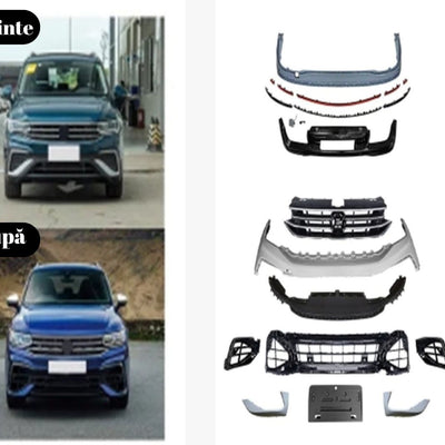 Comparatie vizuală între aspectul original și look-ul sportiv obținut după instalarea kitului R Design pe VW Tiguan (vedere din față).