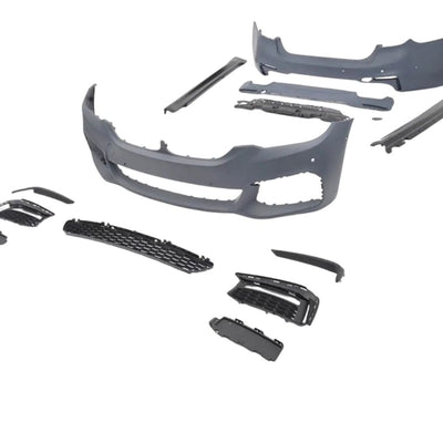 Comparație clară înainte și după instalarea kitului de tuning frontal M-Tech. Obține un look agresiv, modern și inspirat de linia M. Include bară față, prize aer sport, grile laterale și grilă centrală negru lucios.