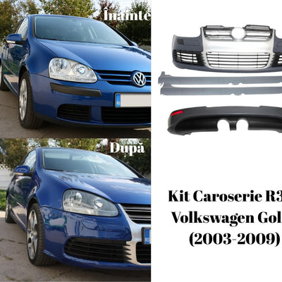 Comparatie înainte și după montaj kit R32 pe fața unui Volkswagen Golf 5, upgrade estetic sportiv cu bară față și grilă tip R32