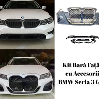 Bară față cromată cu design tip fagure și suporturi integrate, compatibilă cu BMW Seria 3 G20, vedere frontală pe fundal alb