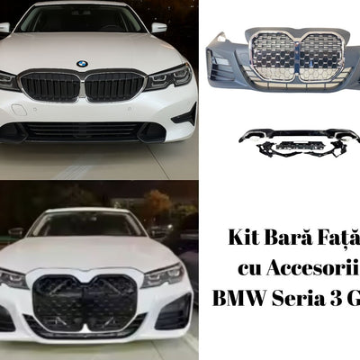 Comparație înainte și după instalarea kitului de bară față pentru BMW Seria 3 G20, inclusiv imagini ale grilei cromate și negru lucios