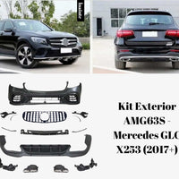 Kit exterior complet AMG63S pentru Mercedes GLC X253, include bară față, bară spate, grilă Panamericana și ornamente evacuare – upgrade sportiv.